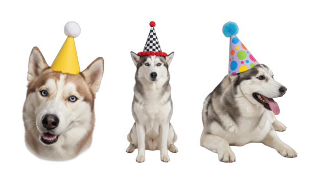 Siberian Husky dogs set including headshot, sitting, and lying poses with party hats isolated. Fun celebration and pet themes.
