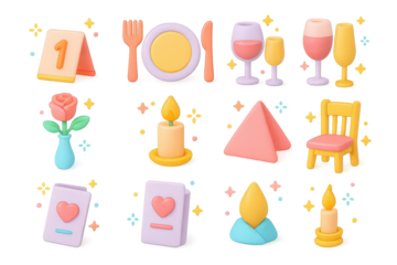 Colorful Wedding Table Icons. Wedding table. 3D icons set of wedding table: table number stand, plate, fork, knife, spoon, wine glass, champagne glass, flower