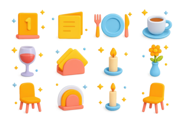 Colorful Hospitality Icons. Hospitality essentials. 3D icons set of hospitality essentials: table number stand, menu card, plate, fork, knife, spoon, coffee