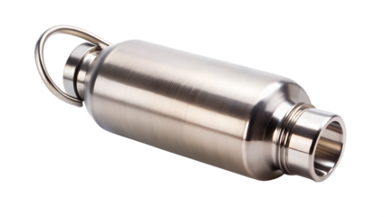 Reusable stainless steel water bottle isolated on transparent background, ecofriendly and durable