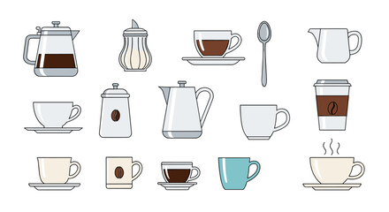 A collection of coffee and tea related items including cups saucers sugar bowls and coffee pots.