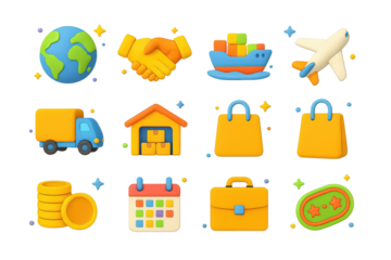 Global Trade Icons. Global trade. 3D icons set of global trade: globe, handshake, cargo ship, airplane, truck, warehouse, shopping bag, stack of coins,