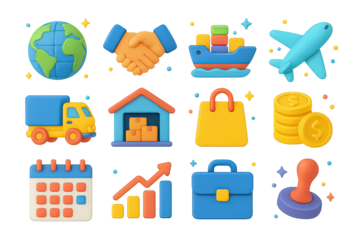 Global Trade Icons. Global trade. 3D icons set of global trade: globe, handshake, cargo ship, airplane, truck, warehouse, shopping bag, stack of coins,