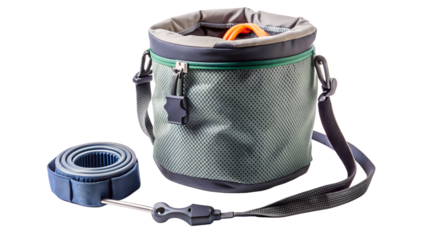 Green chalk bag with belt isolated on transparent background, climbing equipment for bouldering