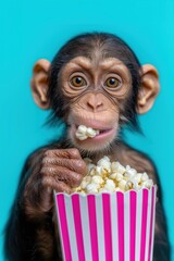 Funny chimpanzee eating popcorn from a striped box against blue background, showing curiosity, joy, and playful human-like behavior in a vibrant portrait.