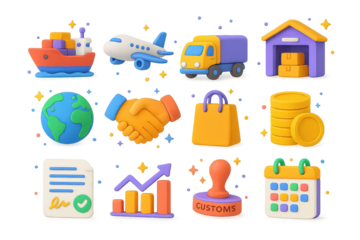 International Commerce Icons. International commerce. 3D icons set of international commerce: cargo ship, airplane, truck, warehouse, globe, handshake,