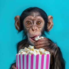 Funny chimpanzee eating popcorn from a striped box against blue background, showing curiosity, joy, and playful human-like behavior in a vibrant portrait.