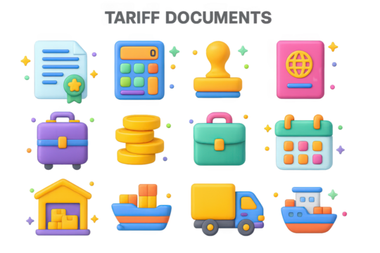 Tariff Document Icons. Tariff documents. 3D icons set of tariff documents: contract paper, calculator, stamp, passport, suitcase, stack of coins, briefcase,