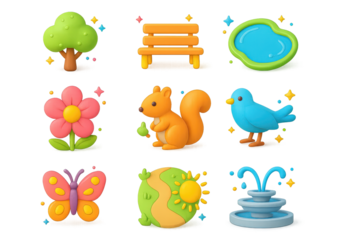 Colorful Park Icons. Community parks. 3D icons set of community parks: tree, park bench, pond, flower, squirrel, bird, butterfly, walking path, sun, cloud,