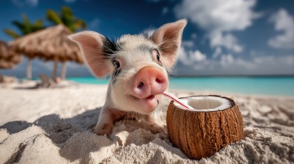 Adorable piglet on tropical beach drinking from a coconut with a straw, creating a funny and sunny vacation scene full of happiness and summer vibes.