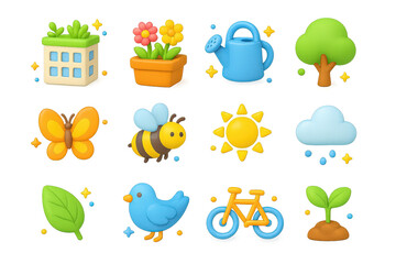 Naklejka premium 3D Rooftop Garden Icons. Rooftop gardens. 3D icons set of rooftop gardens: building with plants, flower pot, watering can, tree, butterfly, bee, sun, cloud,
