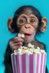 Funny chimpanzee eating popcorn from a striped box against blue background, showing curiosity, joy, and playful human-like behavior in a vibrant portrait.