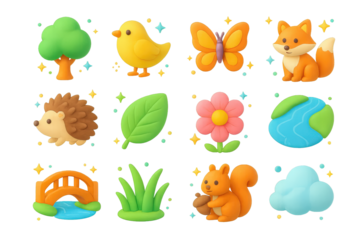 Wildlife Corridor Icons. Wildlife corridors. 3D icons set of wildlife corridors: tree, bird, butterfly, fox, hedgehog, leaf, flower, river, bridge, grass