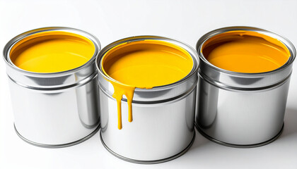 Metal paint cans filled with different shades of yellow paint, glossy liquid surface