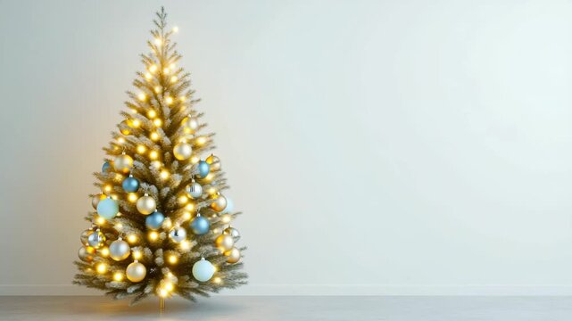 Christmas tree standing in an empty room, decorated with blue and gold ornaments, copy space