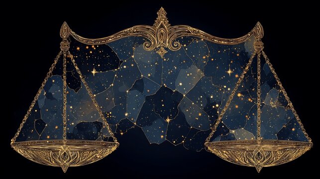 Libra zodiac sign with golden scales and starry background for astrology themes