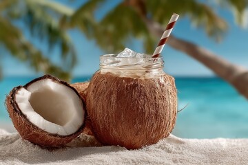 Fresh coconut with straw on tropical beach table near blue ocean and palm trees, symbolizing relaxation, vacation, and summer paradise vibes.