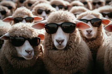 Funny group of sheep wearing sunglasses stand close together, creating a cool and humorous scene full of character, style, and playful attitude.
