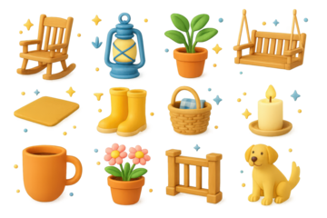 Farmhouse Porch Icons. Farmhouse porch. 3D icons set of farmhouse porch: rocking chair, lantern, potted plant, porch swing, welcome mat, boots, wicker basket,