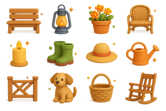 Rustic Porch Icons. Rustic porch. 3D icons set of rustic porch: wooden bench, lantern, potted flowers, wicker chair, candle, boots, straw hat, watering can,
