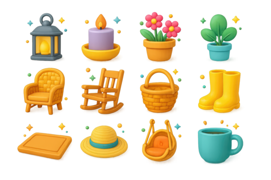 Porch Decor Icons. Porch decor. 3D icons set of porch decor: lantern, candle, flower pot, potted plant, wicker chair, rocking chair, basket, boots, welcome