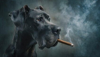 A stately Great Dane puffs a cigar, surrounded by swirling smoke against a dark backdrop