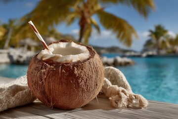 Fresh coconut with straw on tropical beach table near blue ocean and palm trees, symbolizing relaxation, vacation, and summer paradise vibes.