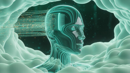 Futuristic AI mindscape with a transparent human head and glowing circuits connecting to the brain, envisioning advanced technology and digital intelligence