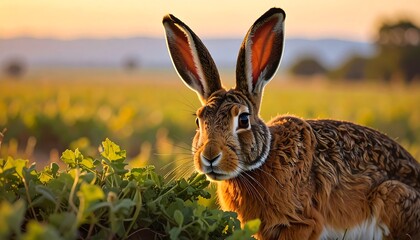 Brown Hare in a Field at Sunrise.