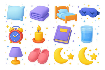 Bedtime Icons Collection. Bedtime essentials. 3D icons set of bedtime essentials: pillow, blanket, bed, sleeping mask, alarm clock, candle, book, glass of