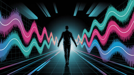 Confident leader navigating market trends toward financial success, walking through dynamic data visualizations, charting a course for growth and prosperity