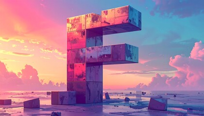 A large metallic letter "F" is assembled from stacked cubes, set against a vibrant, surreal sunset over a pale landscape. The scene exudes a futuristic, abstract vibe