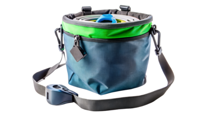 Blue chalk bag with belt isolated on transparent background, climbing equipment for bouldering