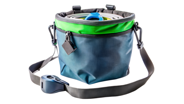 Blue chalk bag with belt isolated on transparent background, climbing equipment for bouldering - Powered by Adobe