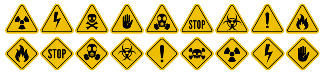 danger hazard warning radiation yellow icons signs set vector illustration 