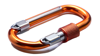 Orange carabiner isolated on transparent background, a metal loop with a sprung gate used to connect