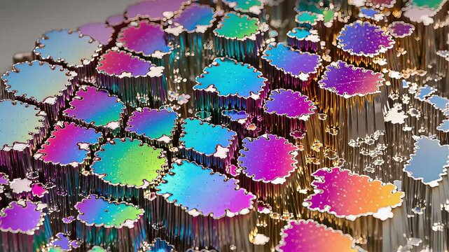 Macro image of aperiodic quasicrystal alloy surface viewed under an electron microscope. Vibrant iridescent reflections reveal complex atomic symmetry, metallic texture, and scientific precision.