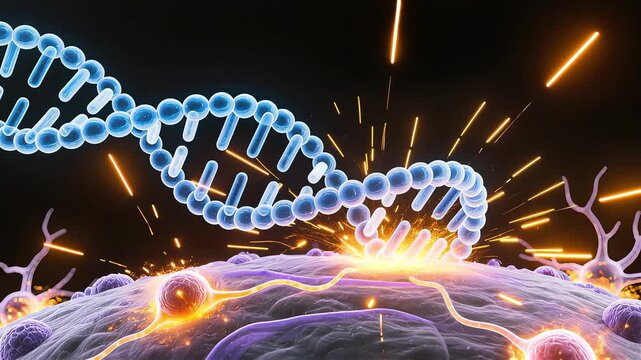 3D molecular rendering of beta endorphin interacting with neuron receptors on a cell surface. Glowing synaptic sparks and electric impulses illustrate neurotransmission and brain biochemistry concept.