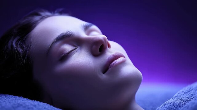 Woman Relaxing and Enjoying Treatment Under Tranquil Purple Light