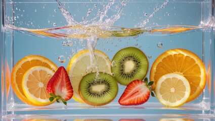 A vibrant splash of refreshment, with colorful fruit submerged in crystal-clear water. Witness the perfect fusion of freshness and taste, a celebration of health and natural ingredients.