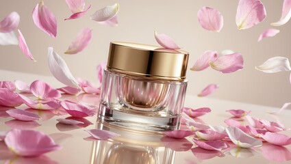 An elegant skincare product, surrounded by delicate flower petals, presented in a visually appealing style to enhance its luxurious feel.