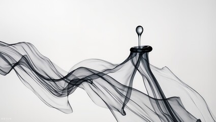 A captivating image captures the dynamic interaction of water and ink, with a droplet suspended mid-air, its form beautifully mirrored by the swirling, ethereal ink trails.