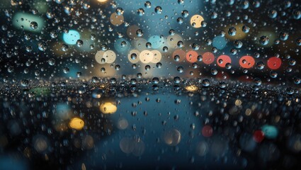 Raindrops on windowpane, capturing the soft focus of city lights, evoke feelings of tranquility and introspection. A captivating image which showcase the interplay of water and light.