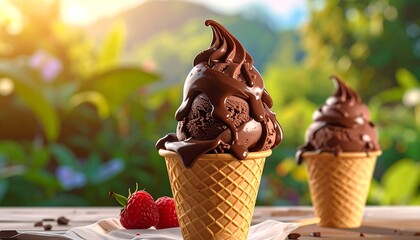 Delicious Chocolate Ice Cream Cones in Summer Sunlight.