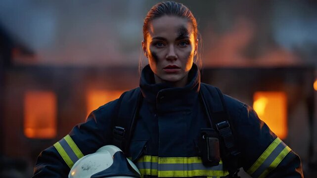 Firefighter Portrait at a Burning Building - A female firefighter stands in front of a burning building, with a determined look. She is covered in soot and holds her helmet.