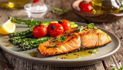 A beautifully plated meal featuring a seared fish fillet, vibrant vegetables, and a drizzle of oil, all presented on a rustic wooden surface