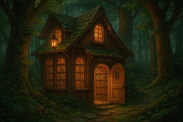 Obraz premium Enchanted forest library illustration