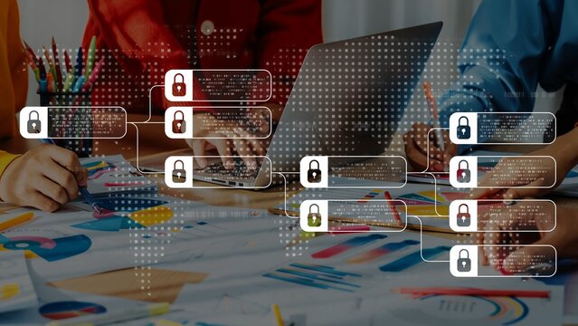 A diverse team works together on a cybersecurity project, surrounded by colorful charts and data visuals, highlighting the importance of collaboration and innovation in data protection. Raster