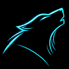 Stylized glowing blue wolf head howling, abstract neon light animal outline illustration, dark background digital art, wild power symbol.