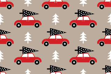Red Car with Christmas Tree Seamless Pattern for Holiday Background